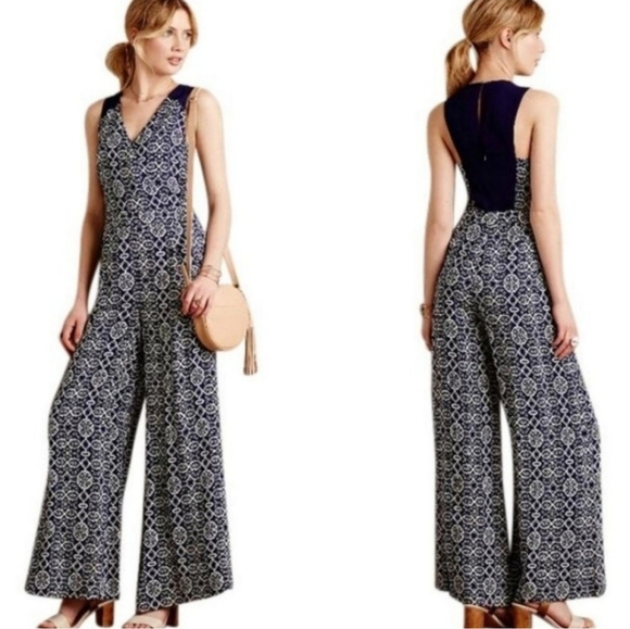 Elevenses by Anthropologie Audra Navy Wide Leg Jumpsuit - Picture 1 of 13